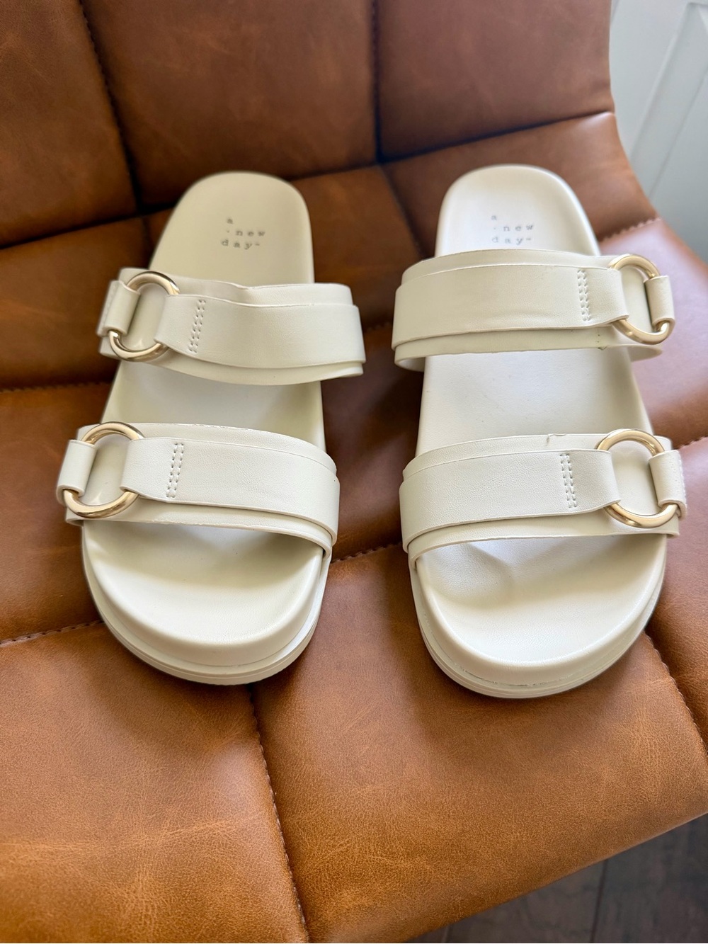 a new day Cream Double Strap Slide Sandals with Gold Buckles